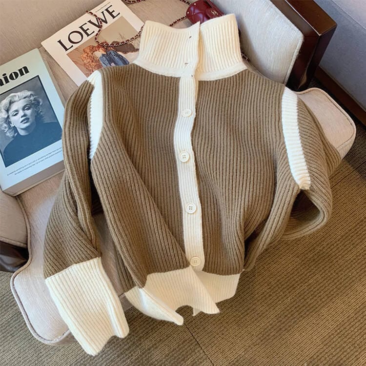 2WAY ハイネック バイカラー リブニットカーディガン