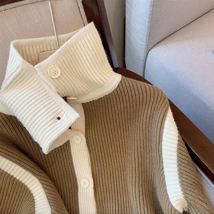 2WAY ハイネック バイカラー リブニットカーディガン