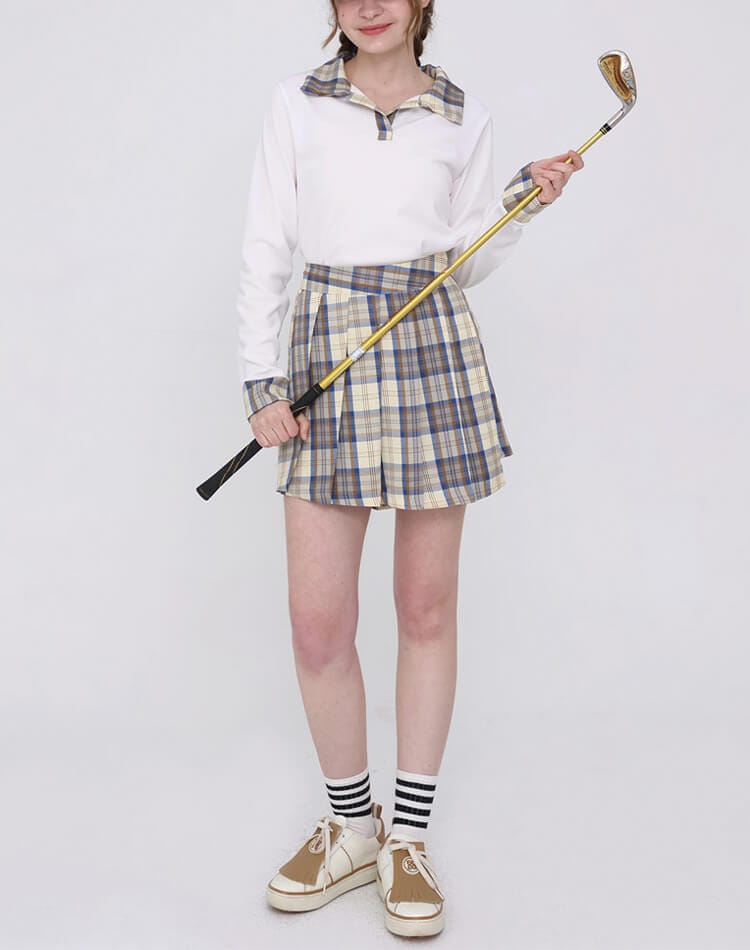 韓国 ゴルフウェア 長袖 チェック柄 レディース ポロシャツ