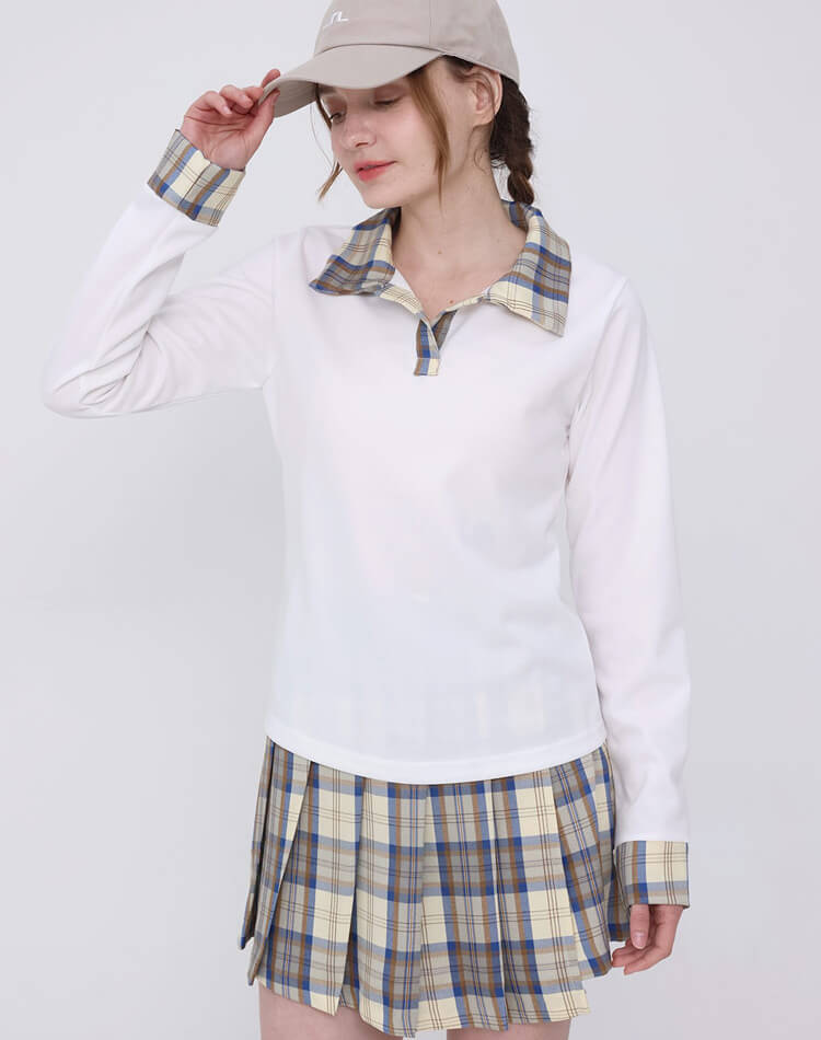 韓国 ゴルフウェア 長袖 チェック柄 レディース ポロシャツ