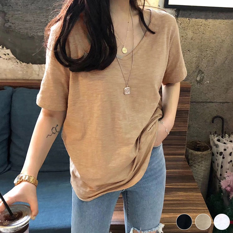 天竺コットン 無地 Vネック 半袖 Tシャツ