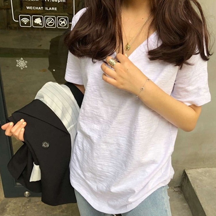 天竺コットン 無地 Vネック 半袖 Tシャツ