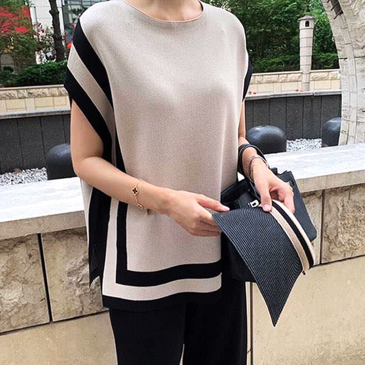 サマーニット セットアップ 全2色 5分袖 大人きれい S~XL 韓国服 バイカラー 半袖 サマーニット セットアップ | レディース