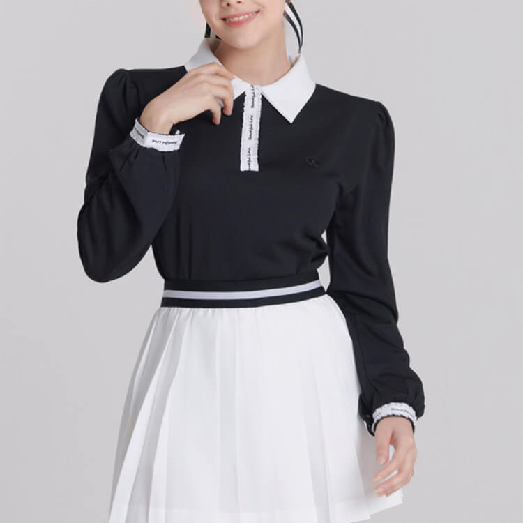 韓国ゴルフウェア バイカラー パフスリーブ トップス
