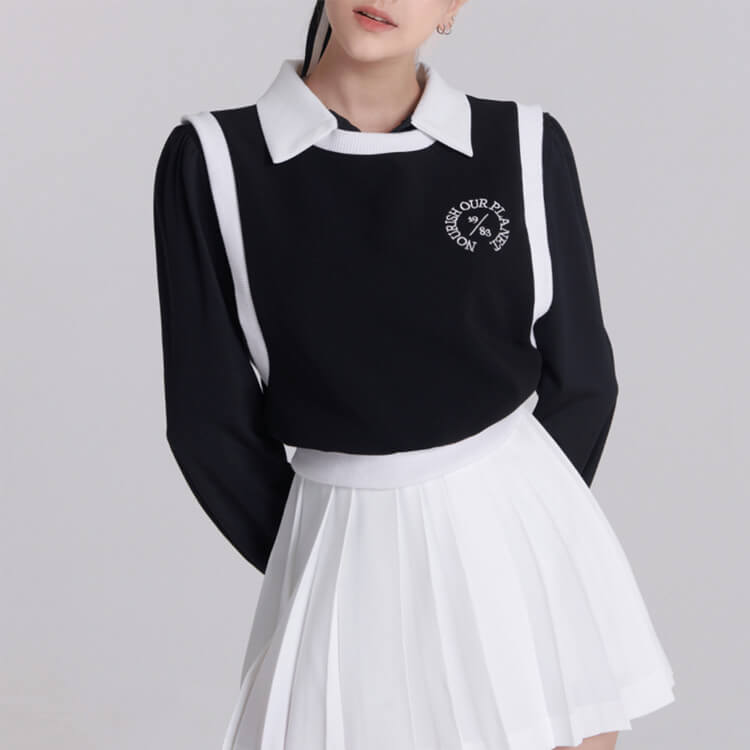 韓国ゴルフウェア バイカラー パフスリーブ トップス