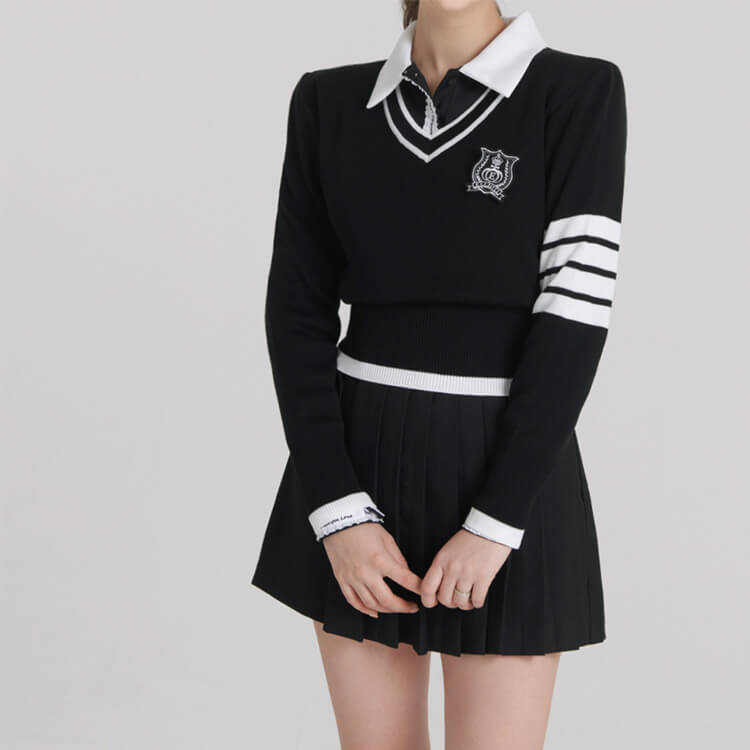 韓国ゴルフウェア バイカラー パフスリーブ トップス