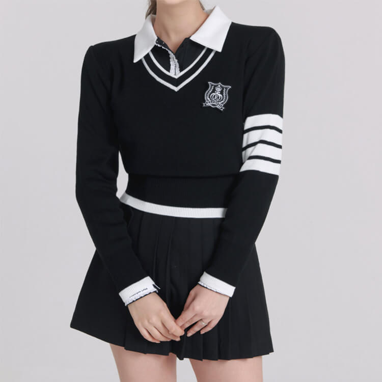 韓国ゴルフウェア バイカラー パフスリーブ トップス