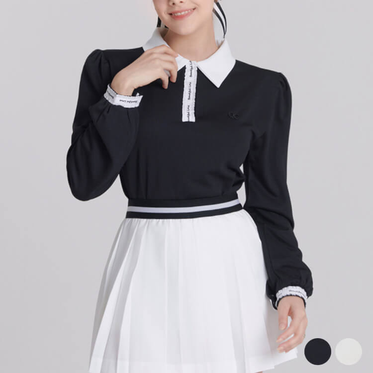 韓国ゴルフウェア バイカラー パフスリーブ トップス