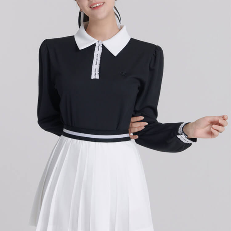 韓国ゴルフウェア バイカラー パフスリーブ トップス