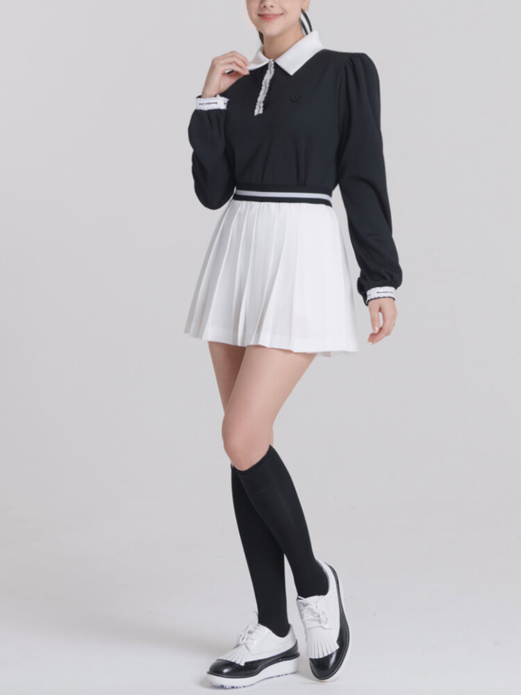 韓国ゴルフウェア バイカラー パフスリーブ トップス