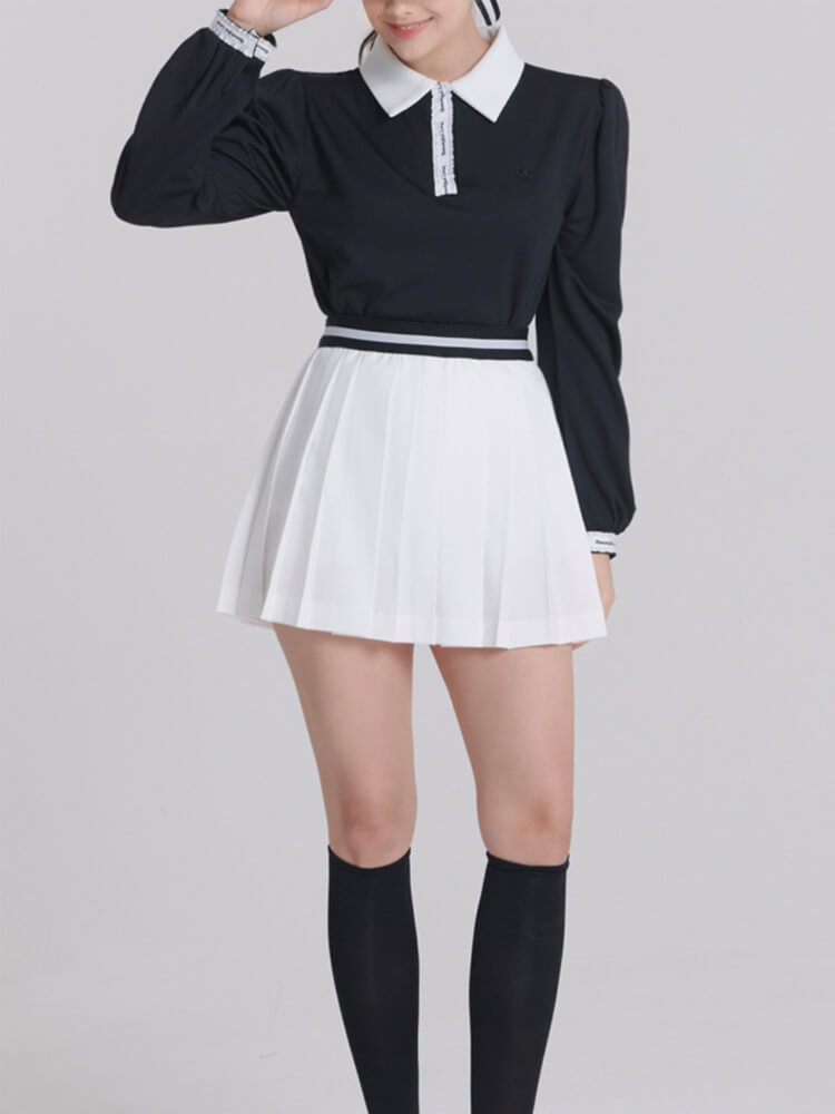 韓国ゴルフウェア バイカラー パフスリーブ トップス