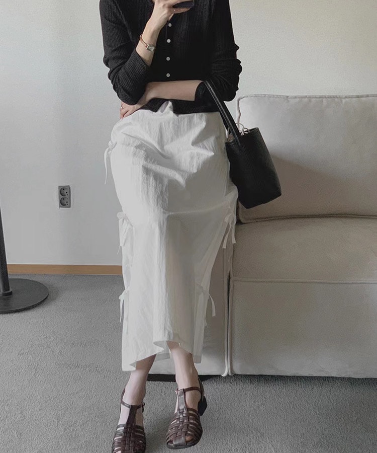 サイドリボン ロング丈 Aライン スカート