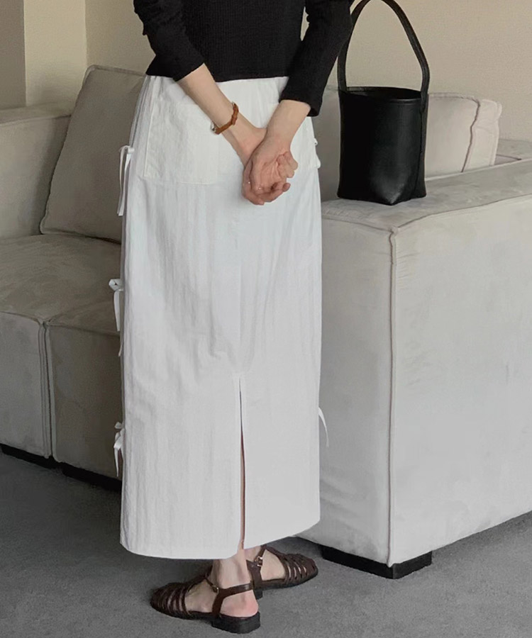 サイドリボン ロング丈 Aライン スカート