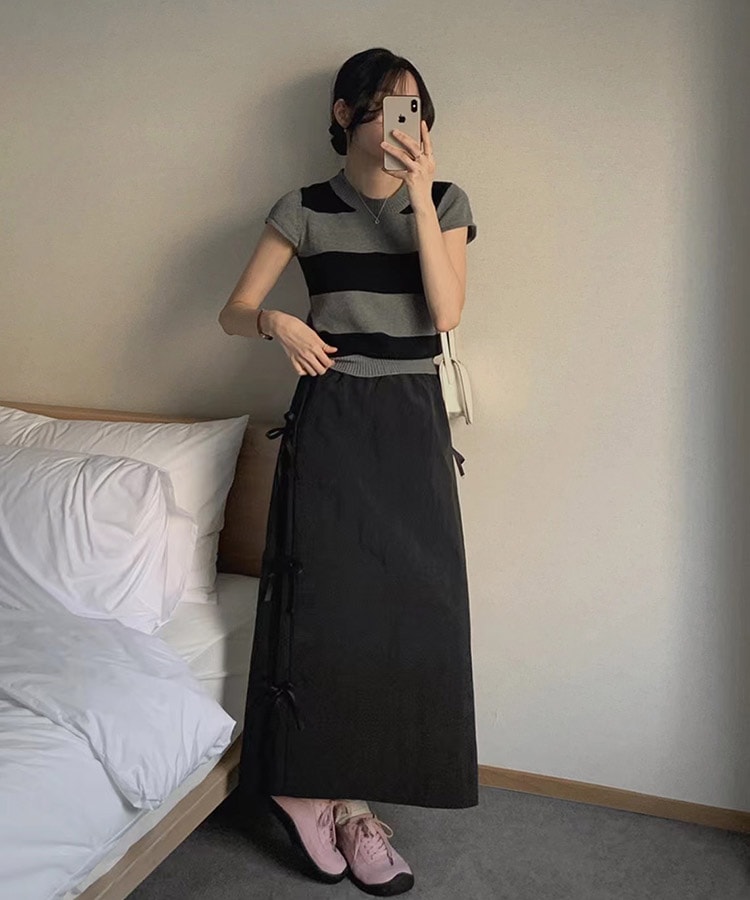 サイドリボン ロング丈 Aライン スカート
