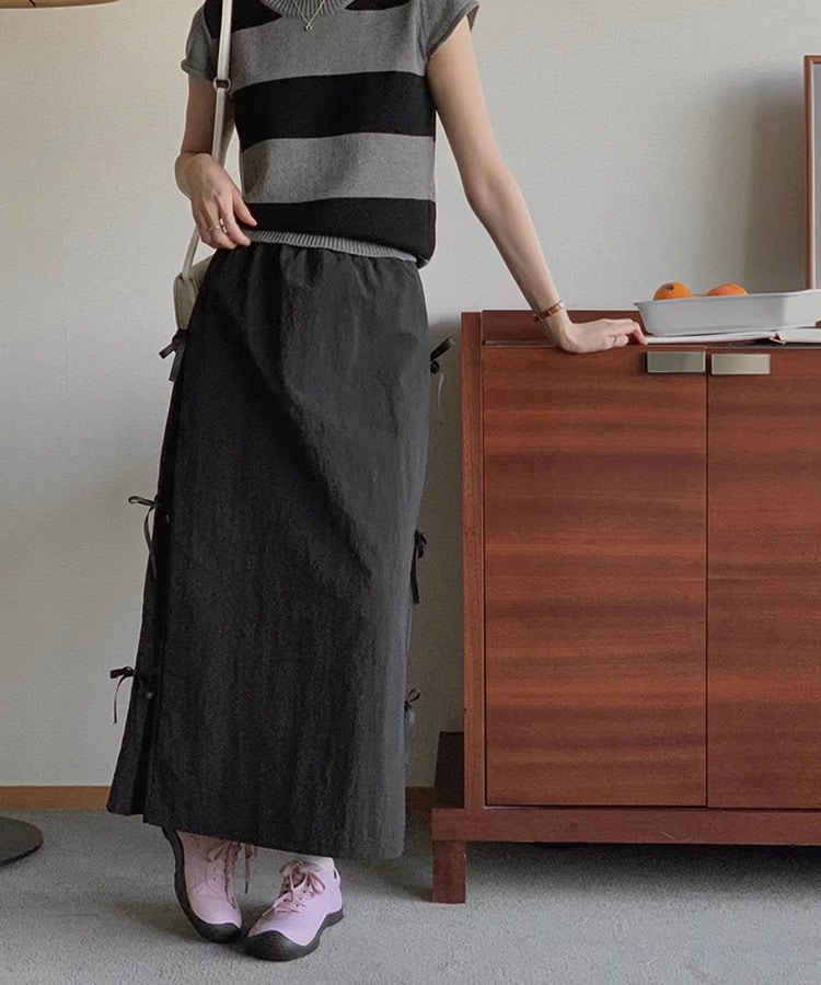 サイドリボン ロング丈 Aライン スカート