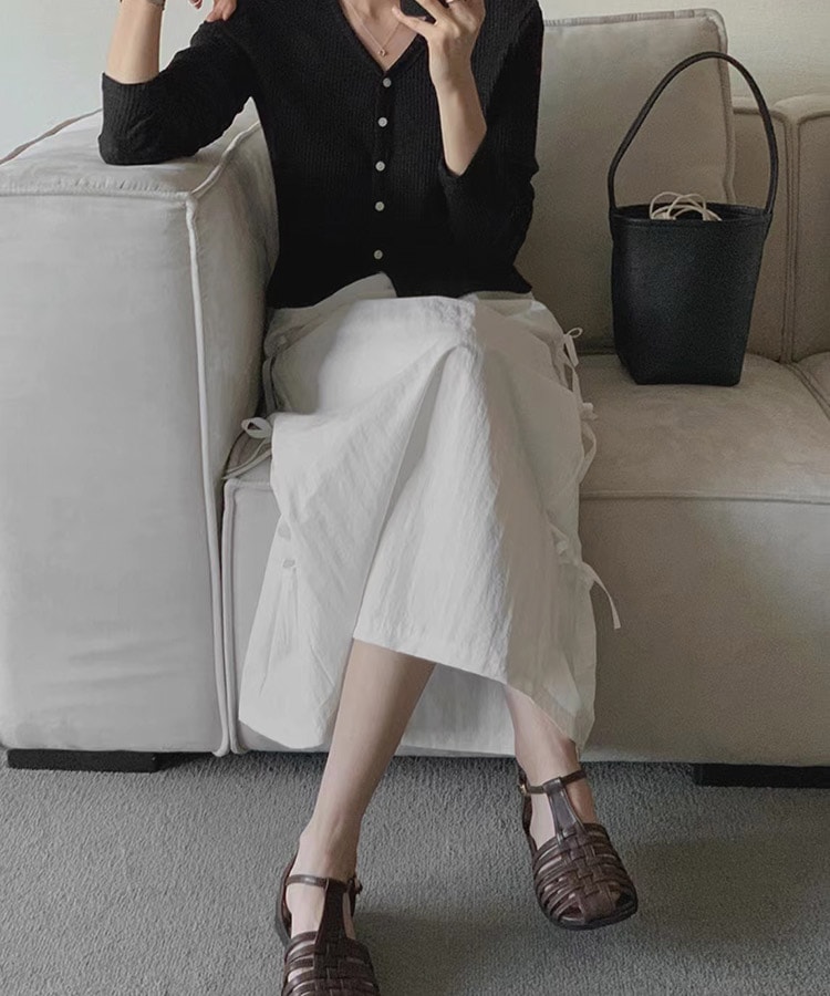 サイドリボン ロング丈 Aライン スカート