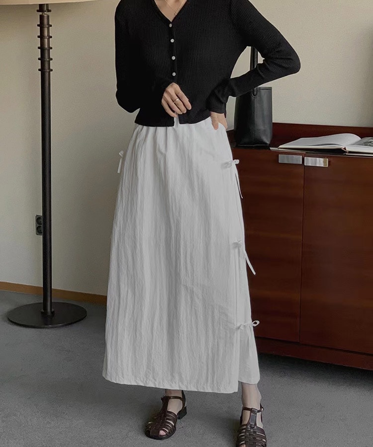 サイドリボン ロング丈 Aライン スカート