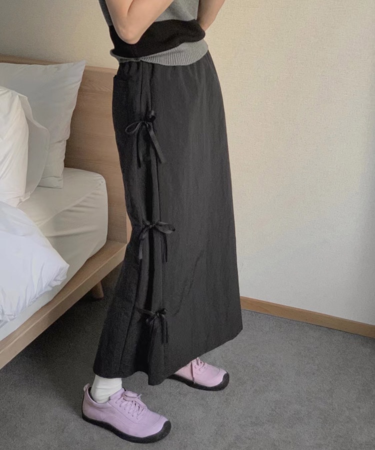 サイドリボン ロング丈 Aライン スカート