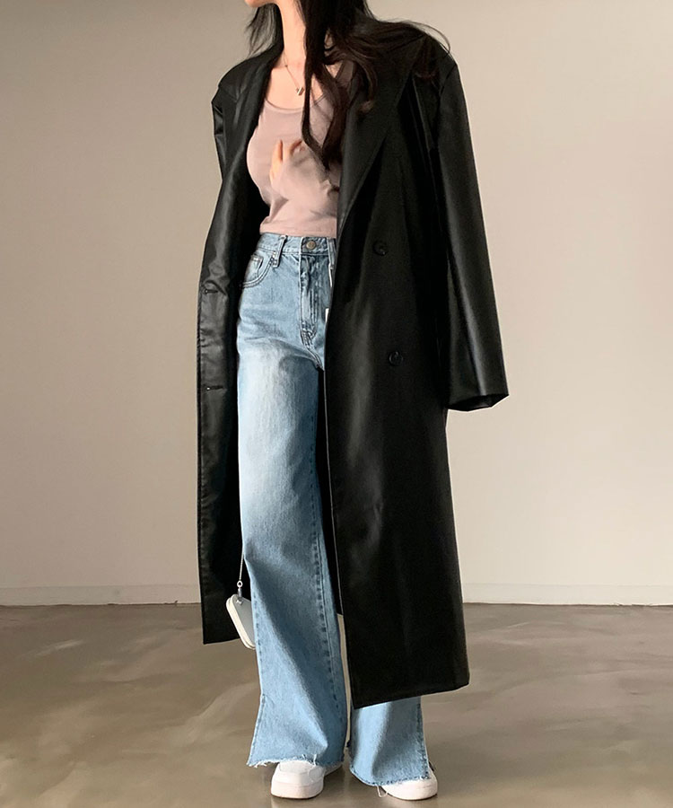 ダブルボタン ロング丈 レザー コート
