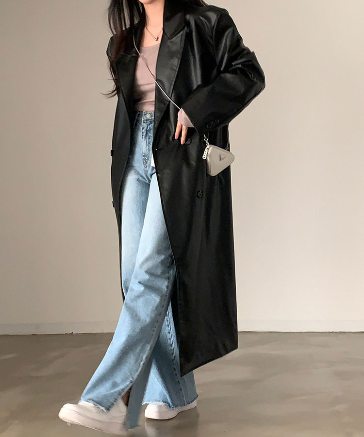 ダブルボタン ロング丈 レザー コート