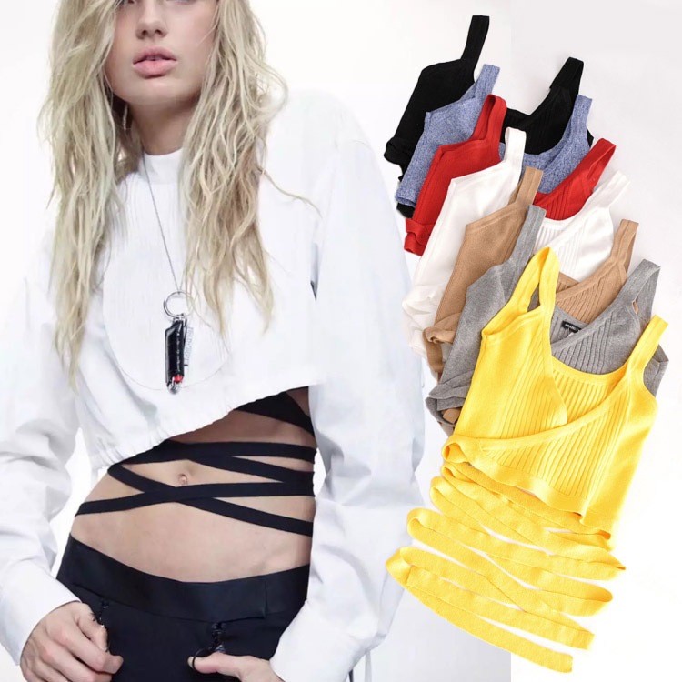 カシュクール風 ウエストクロス ストレッチニットタンクトップ