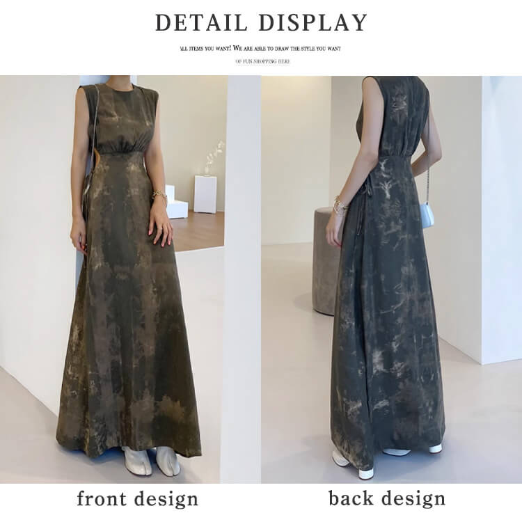 インクアート柄 サイドカット ノースリーブ ロングワンピース