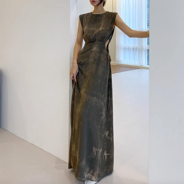 インクアート柄 サイドカット ノースリーブ ロングワンピース