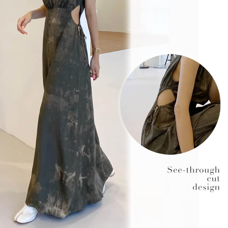 インクアート柄 サイドカット ノースリーブ ロングワンピース