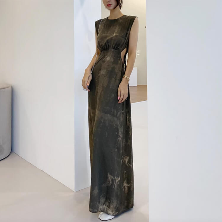 インクアート柄 サイドカット ノースリーブ ロングワンピース