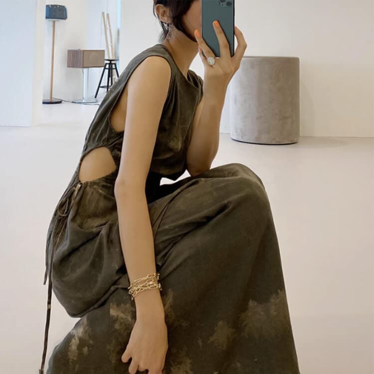 インクアート柄 サイドカット ノースリーブ ロングワンピース