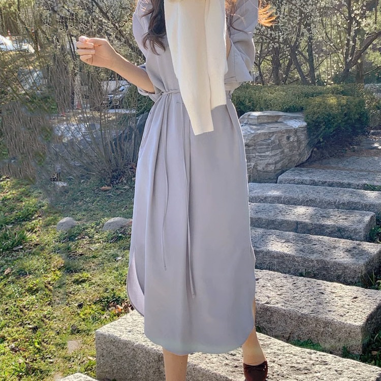 オープンカラー シンプル ミモレ丈 シャツワンピース