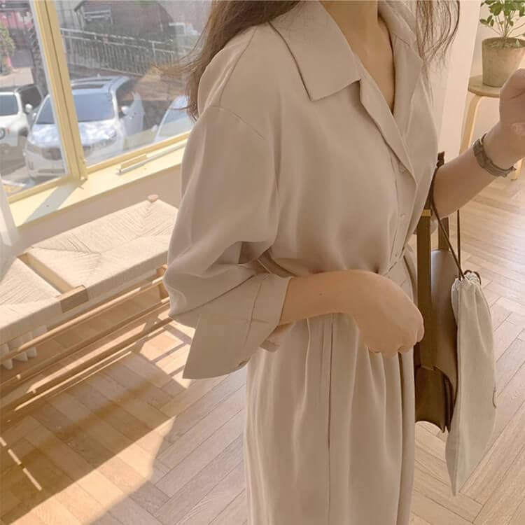 オープンカラー シンプル ミモレ丈 シャツワンピース