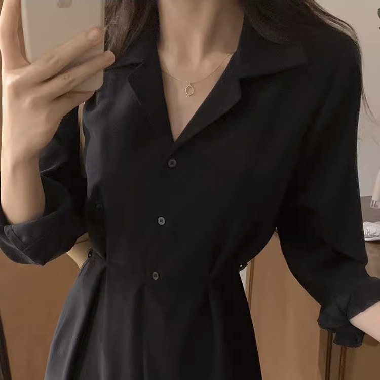 オープンカラー シンプル ミモレ丈 シャツワンピース