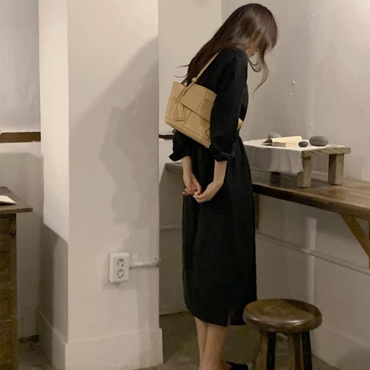 オープンカラー シンプル ミモレ丈 シャツワンピース