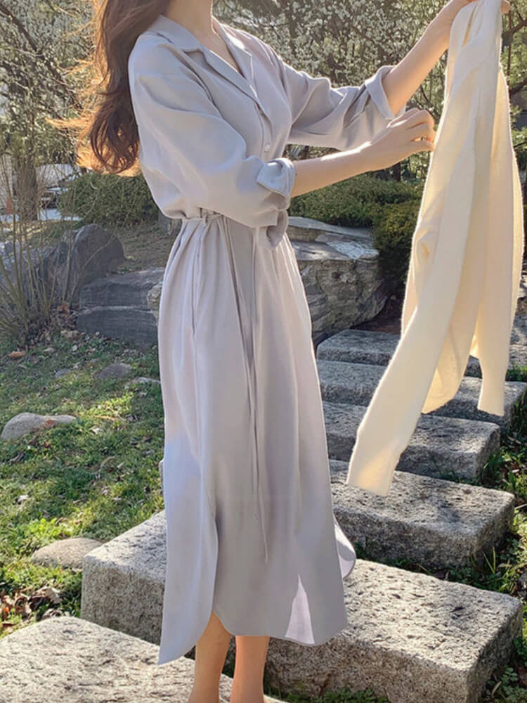 オープンカラー シンプル ミモレ丈 シャツワンピース