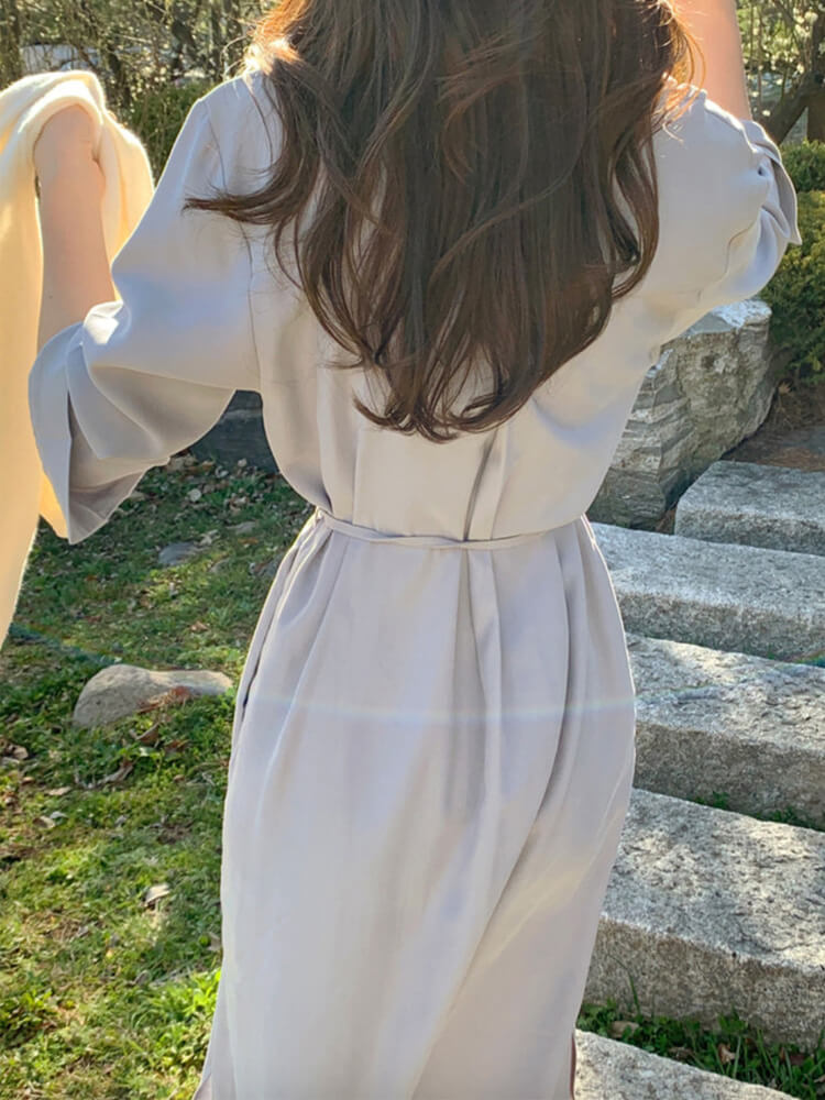 オープンカラー シンプル ミモレ丈 シャツワンピース