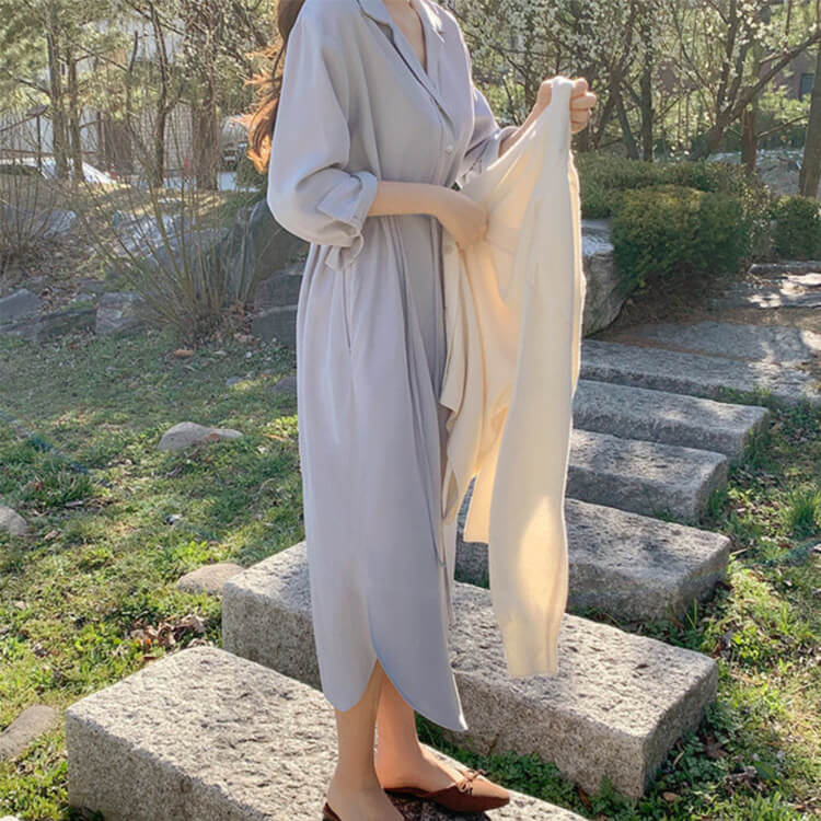 オープンカラー シンプル ミモレ丈 シャツワンピース