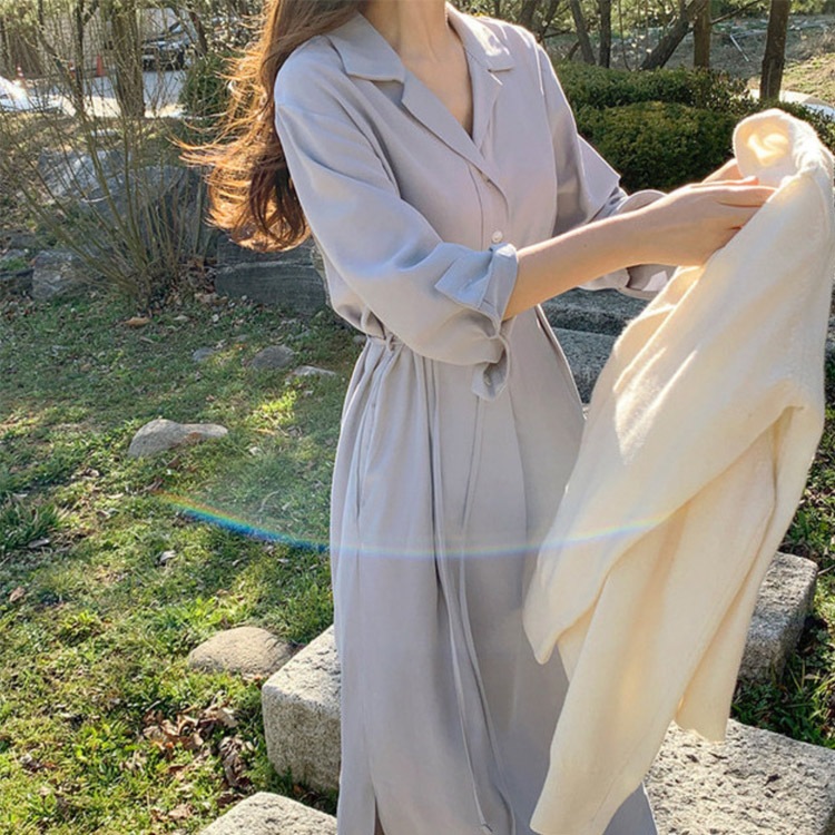 オープンカラー シンプル ミモレ丈 シャツワンピース