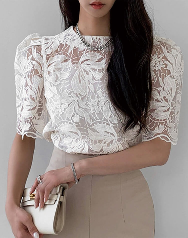 ブラウス シアー 刺繍 レース 韓国 五分袖 トップス 