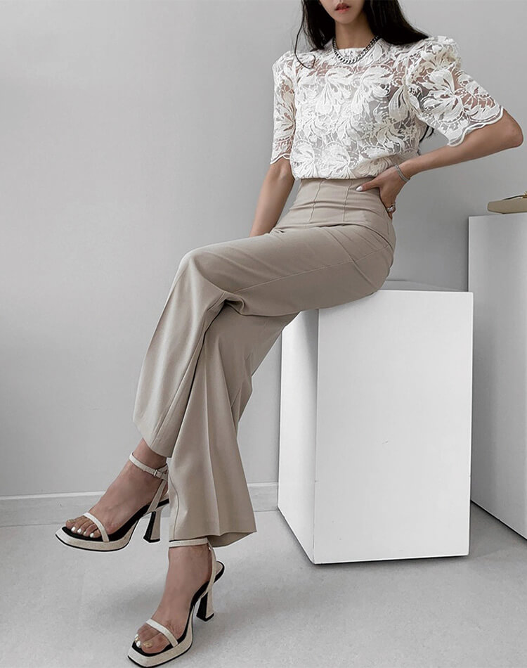 ブラウス シアー 刺繍 レース 韓国 五分袖 トップス 