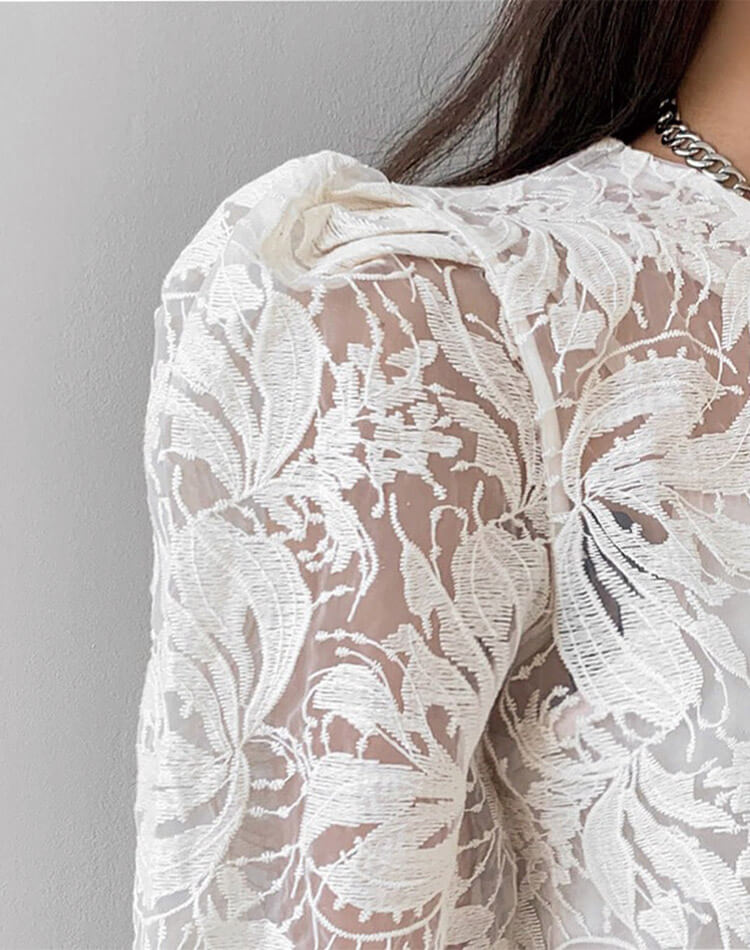 ブラウス シアー 刺繍 レース 韓国 五分袖 トップス 