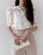 ブラウス シアー 刺繍 レース 韓国 五分袖 トップス 
