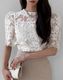ブラウス シアー 刺繍 レース 韓国 五分袖 トップス 