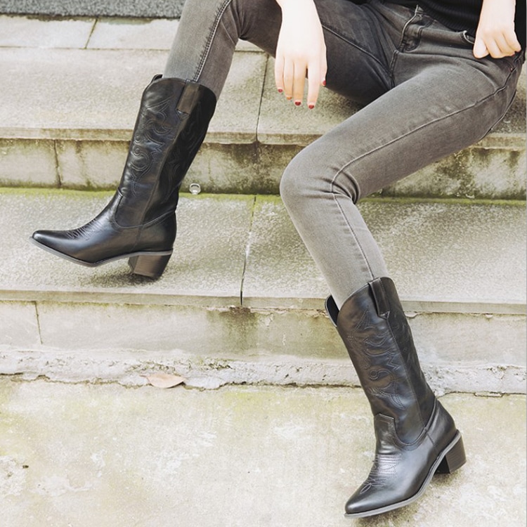 ウエスタン ローヒール ロングブーツ