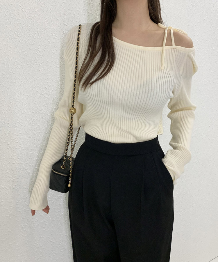 ワンショルダー リボン 長袖 シャツ カットソー