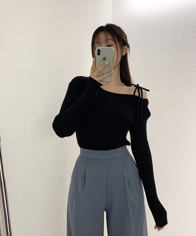 ワンショルダー リボン 長袖 シャツ カットソー