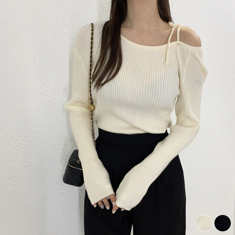 ワンショルダー リボン 長袖 シャツ カットソー