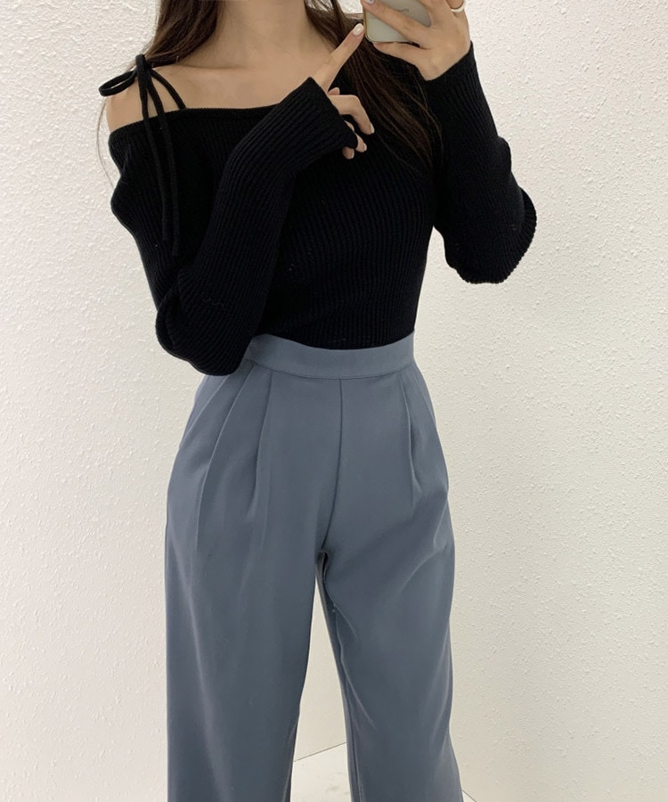 ＊レア＊ 美品 【ブルマリン】 ニットカットソー オフショルダー リボン 長袖 ワンショルダー リボン 長袖 シャツ カットソー | レディース