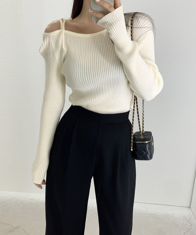 ワンショルダー リボン 長袖 シャツ カットソー