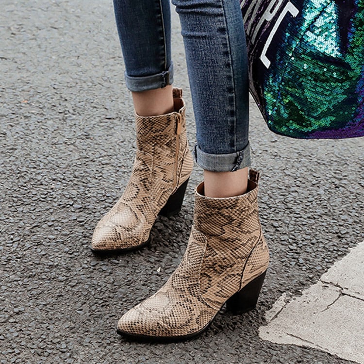 バイカラーヒール パイソン柄 ショートブーツ